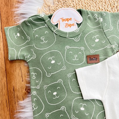 Conj. de Malha 3 peças - Bear - Off White e Verde